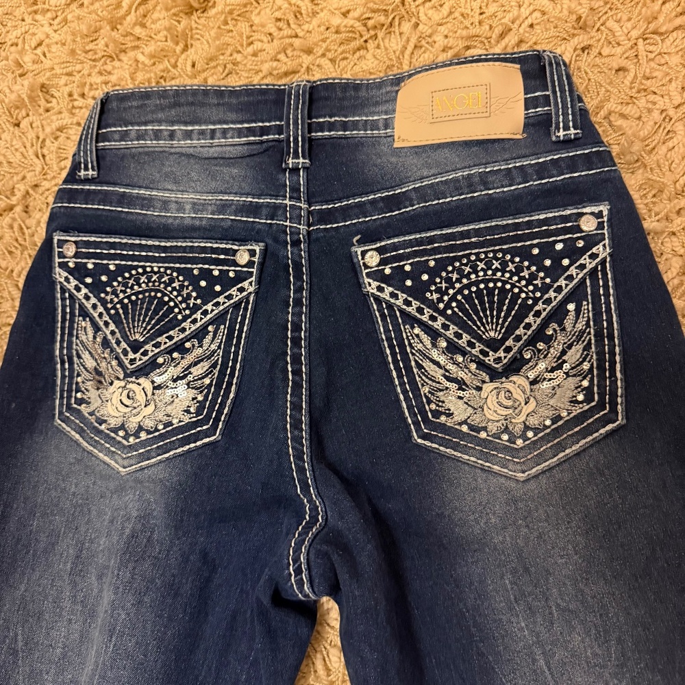 Angel Womens Blue Bootcut Embellished Rhinestone Jeans Y2K Dark Wash Denim 3/24